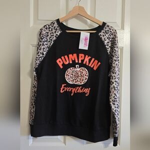 Black and Leopard Print Pumpkin Sweatshirt Fall Size M